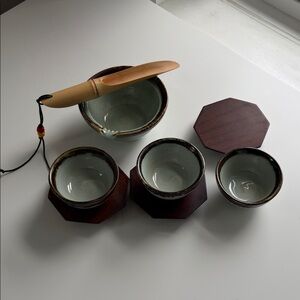 Korean celadon Ceramic Tea Set with Wooden Accents